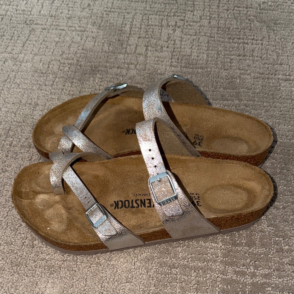 Birkenstock Metallic Silver Two-Strap Crisscross Sandals - Picture 2 of 5